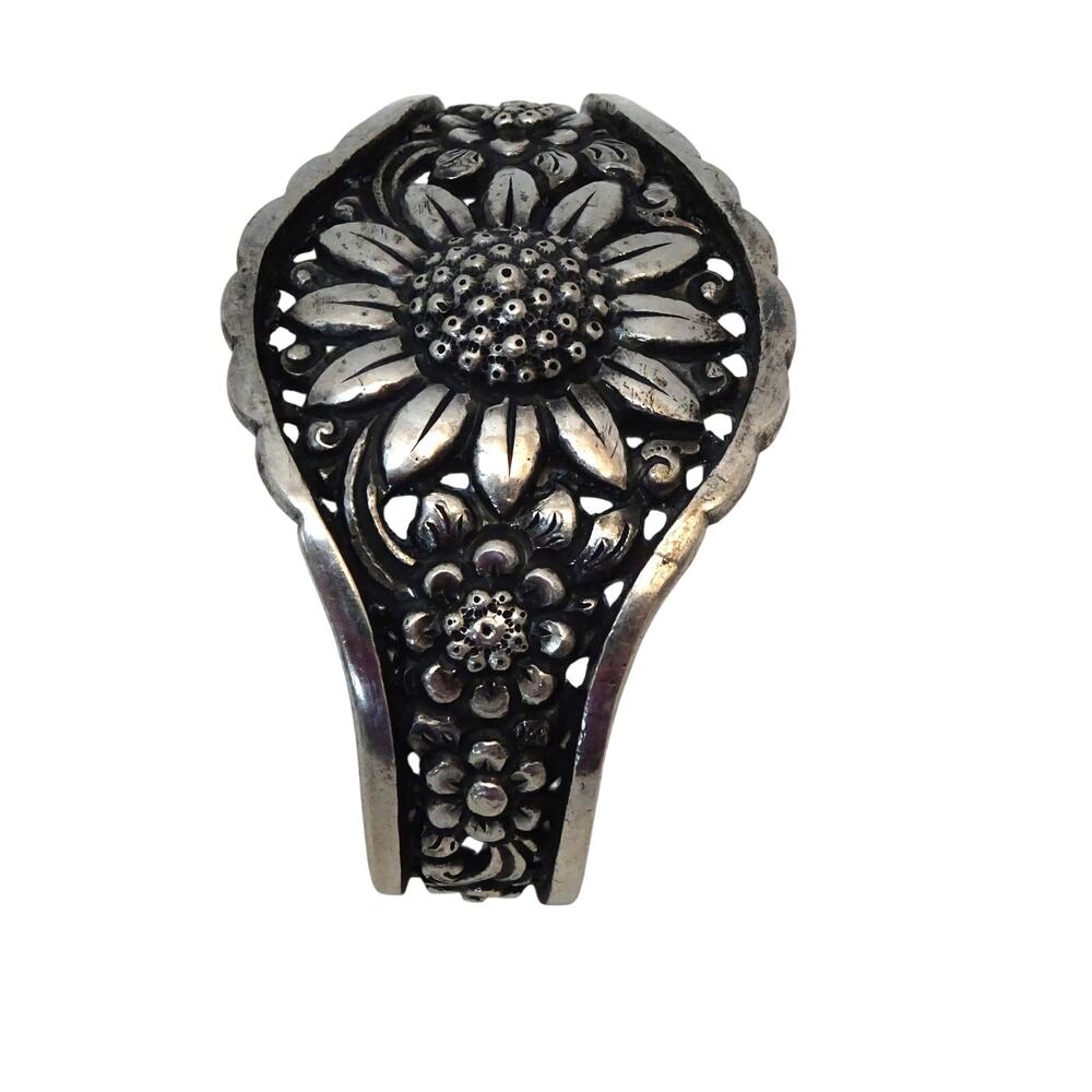 Sterling Silver Artisan Floral Repoussé Cuff Bracelet – Mexican Vintage